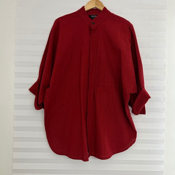 Dilemma New York Tops - Dilemma New York Organic Cotton Mandarin Collar Oversized Tunic Shirt Red